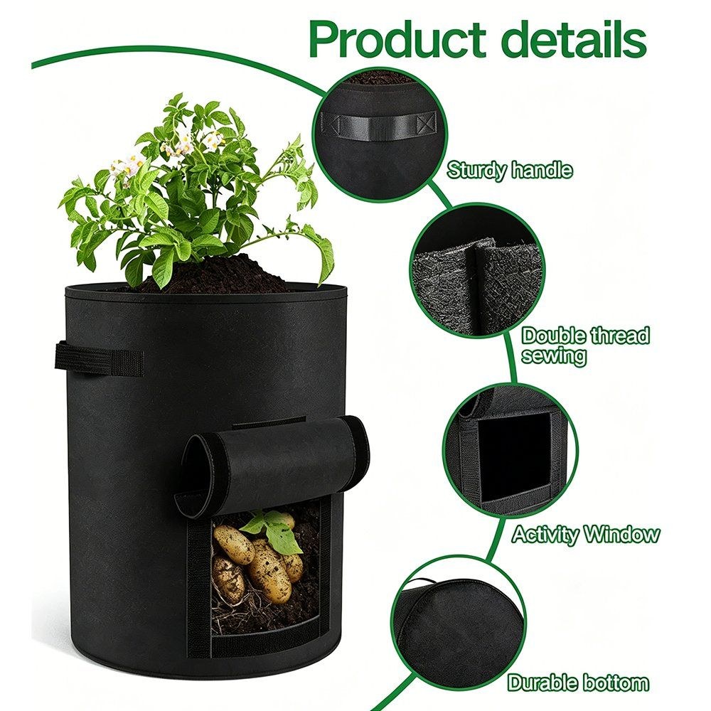 nonwoven grow bag product details showing handle stitching and window