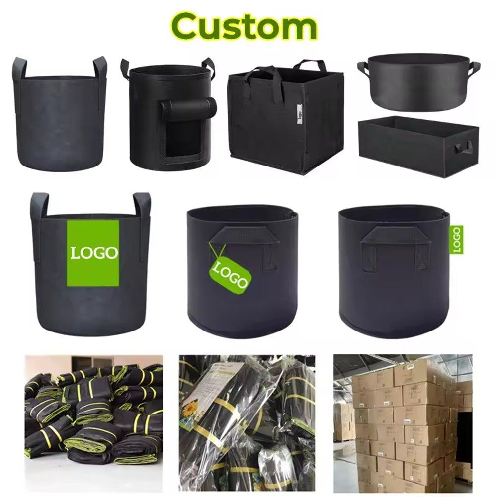 custom printed grow bags shown with logo options and handle colours