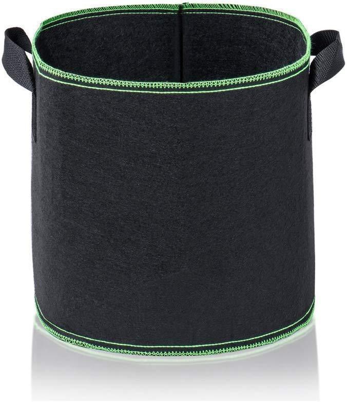 black nonwoven grow bag with green bound rim and stitched handle