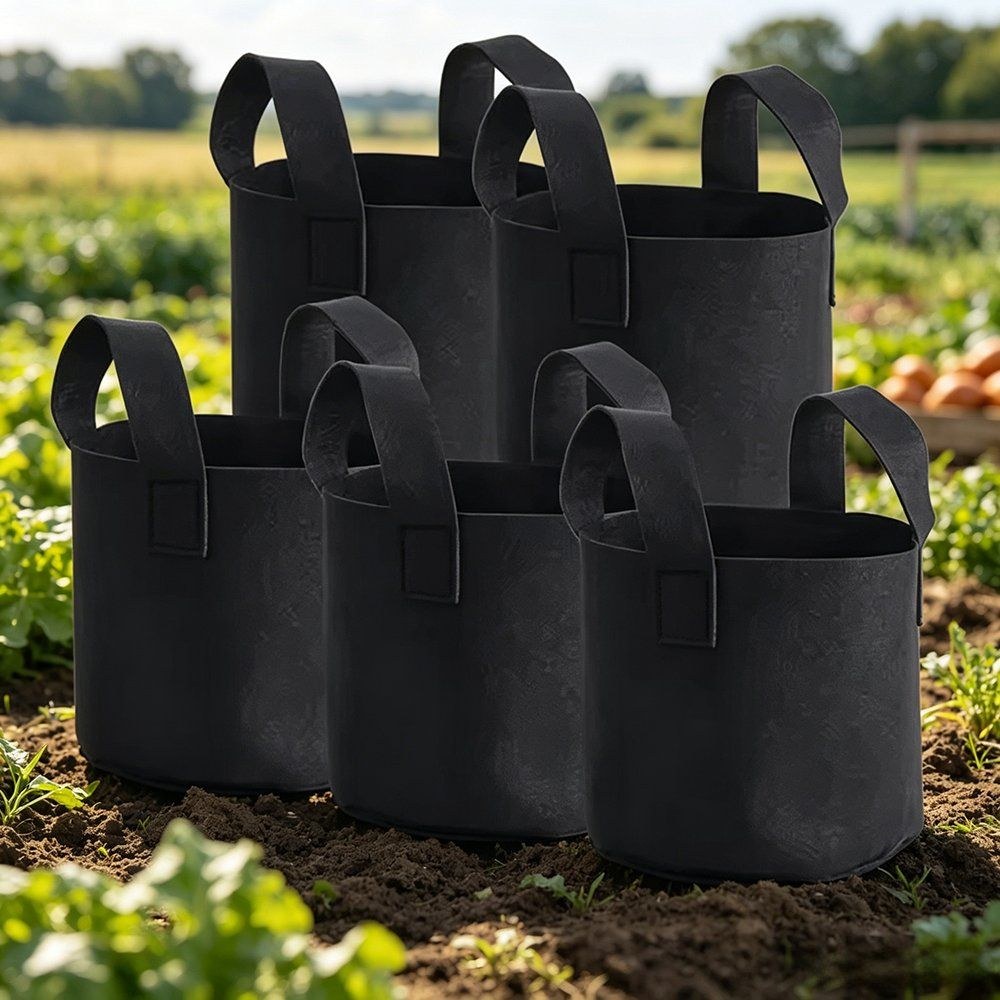 set of six black felt grow bags stacked with webbing handles