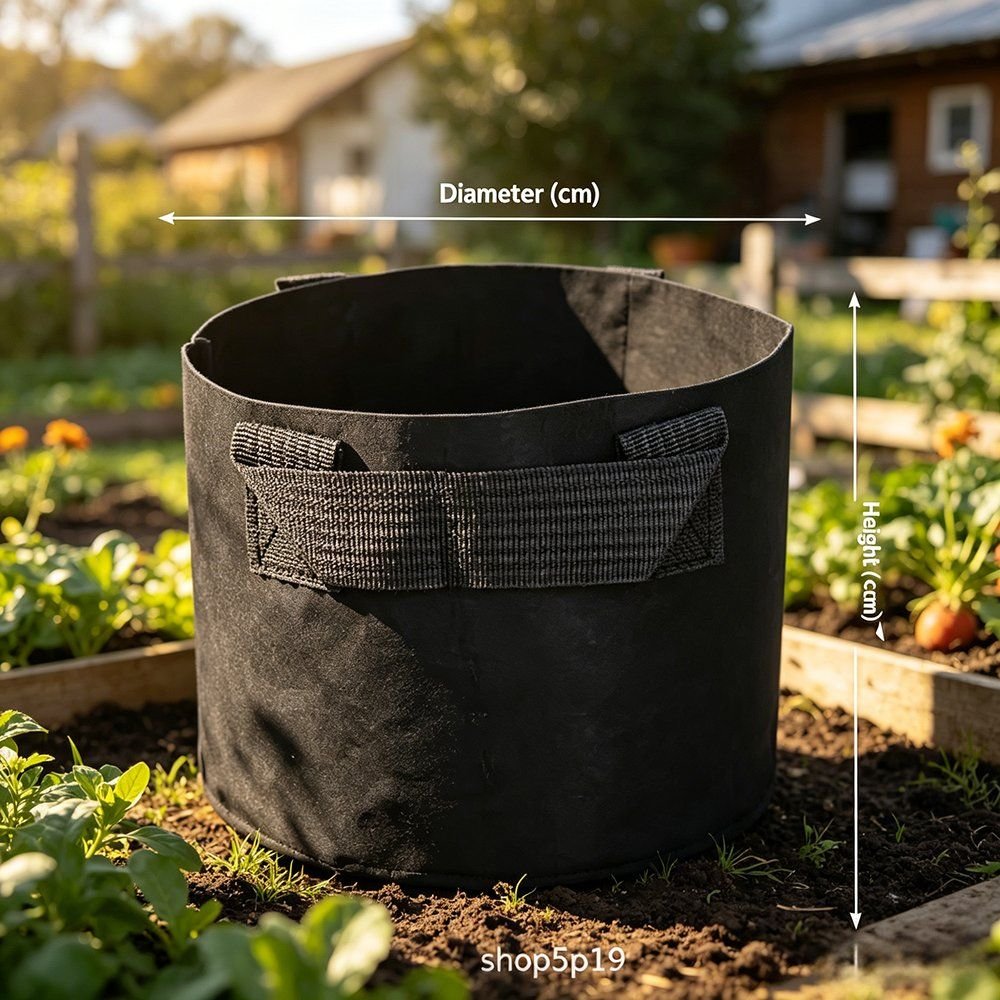 grow bag dimension chart showing diameter and height measurements
