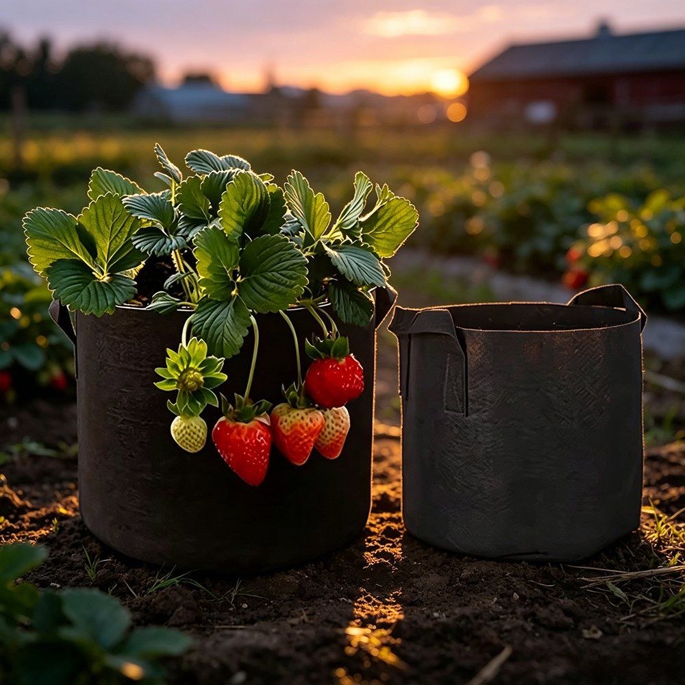 black felt grow bag with strawberries growing on a farm at sunset