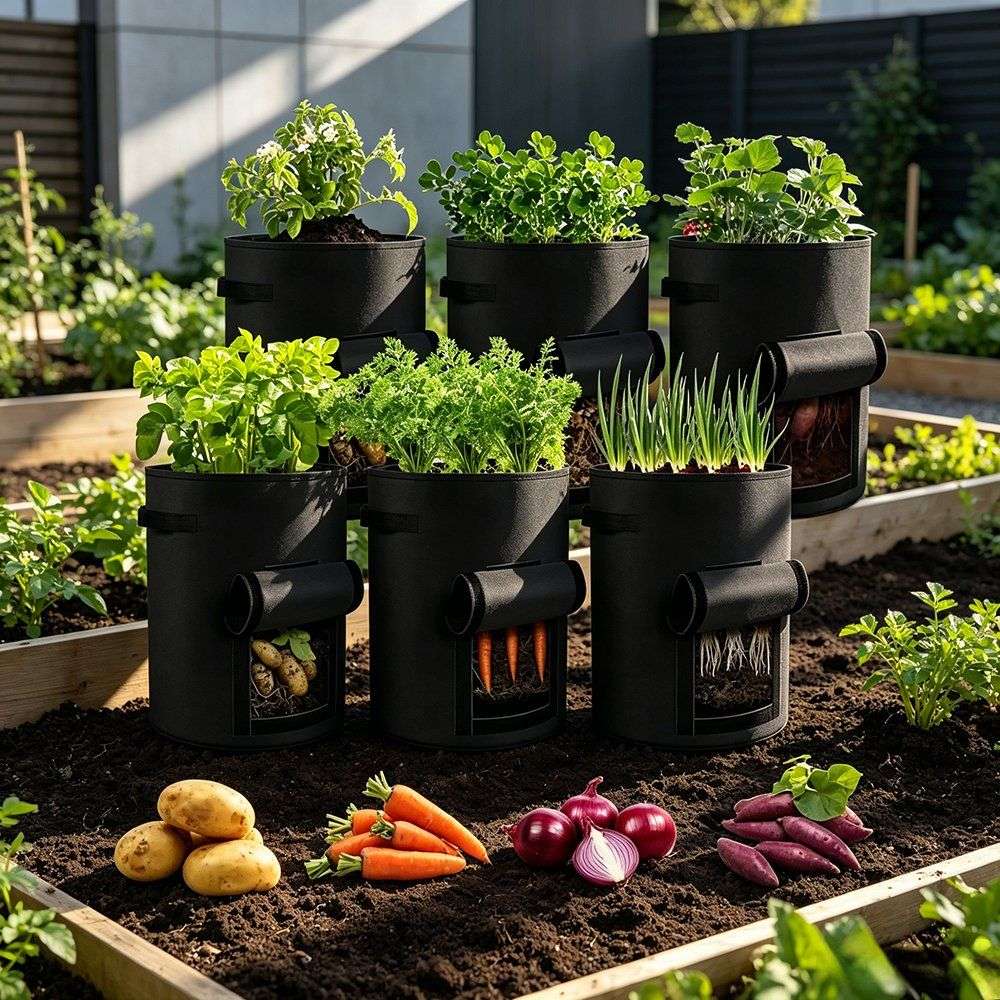 black grow bags planted with vegetables in a garden bed