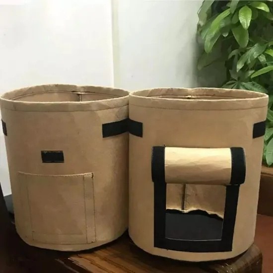 pair of tan customized grow bags with front pocket and side window