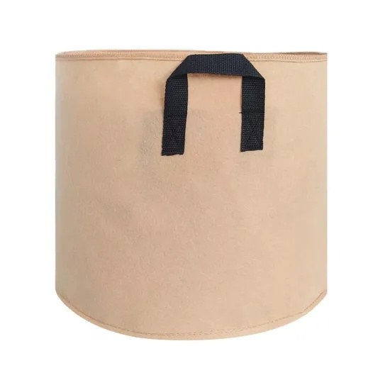tan nonwoven felt nursery bag with webbing handles from the side