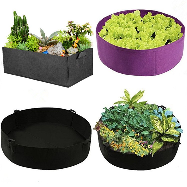 round fabric grow beds shown in black purple and green as a set