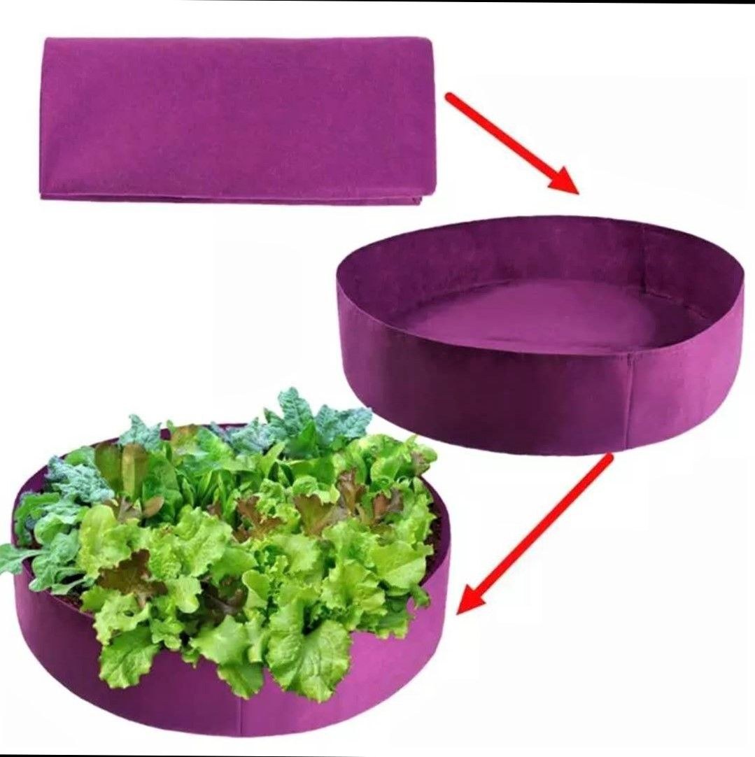 purple foldable grow bed shown opening from its flat stored shape