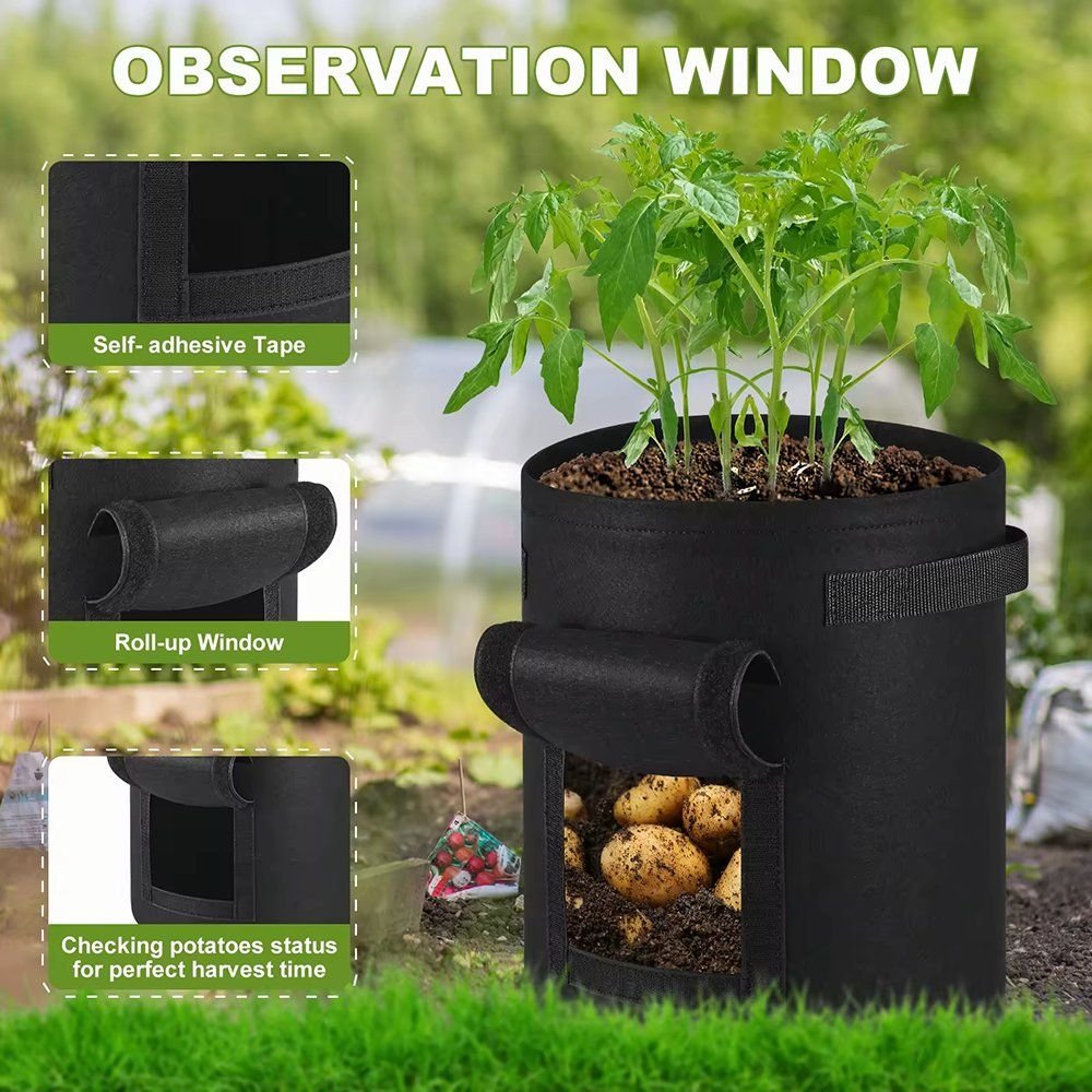 grow bag observation window callouts showing the air permeable fabric and handle