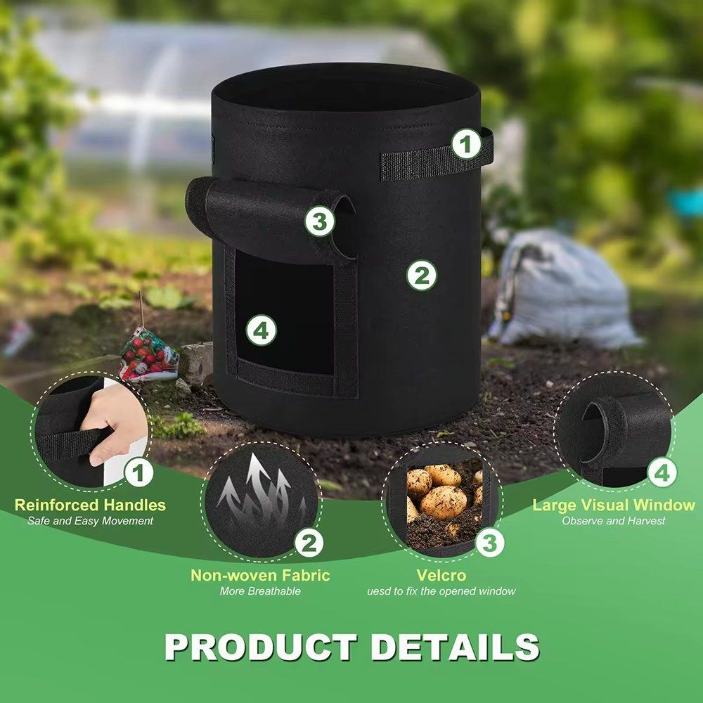 grow bag product details showing handle air permeable fabric and harvest window