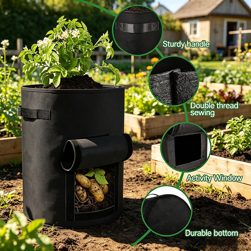 grow bag callouts showing handle, double thread sewing, activity window and base