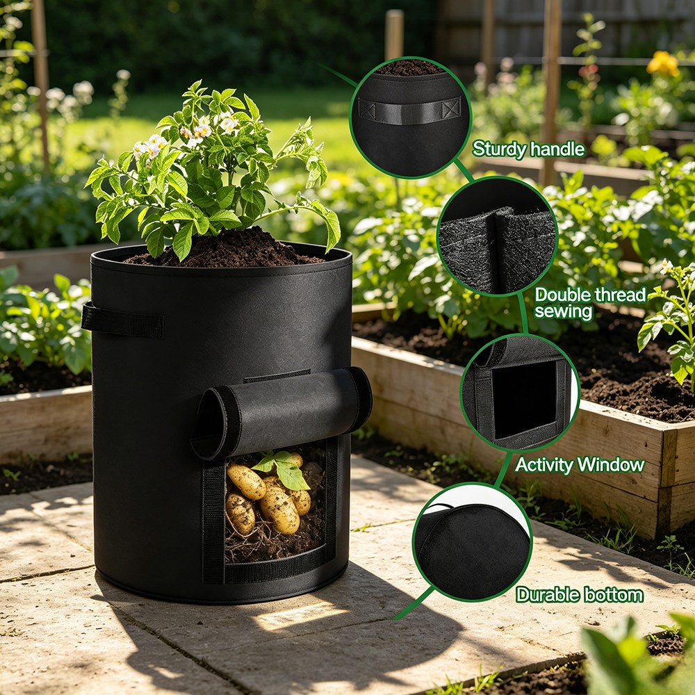 grow bag callouts showing handle, double thread sewing, window and base