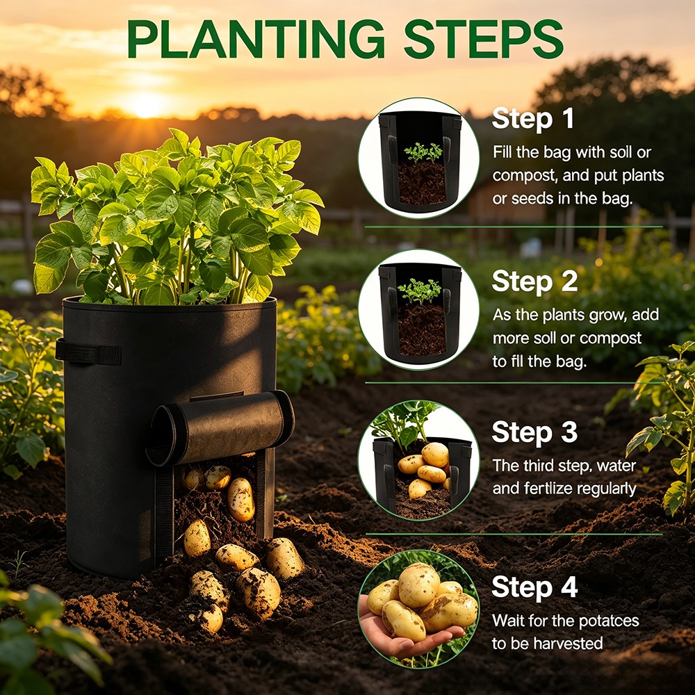 step by step guide for growing a crop in a felt grow bag