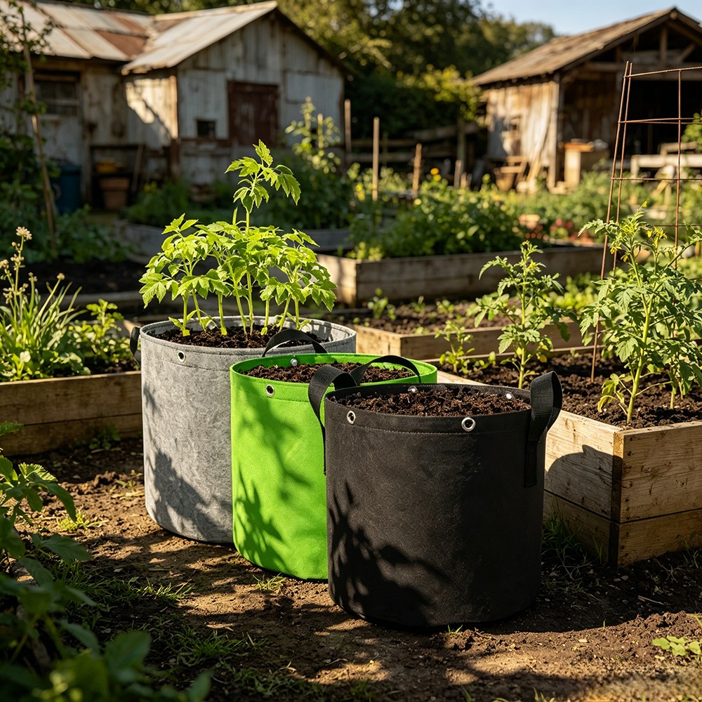 felt grow bags shown in three colour options