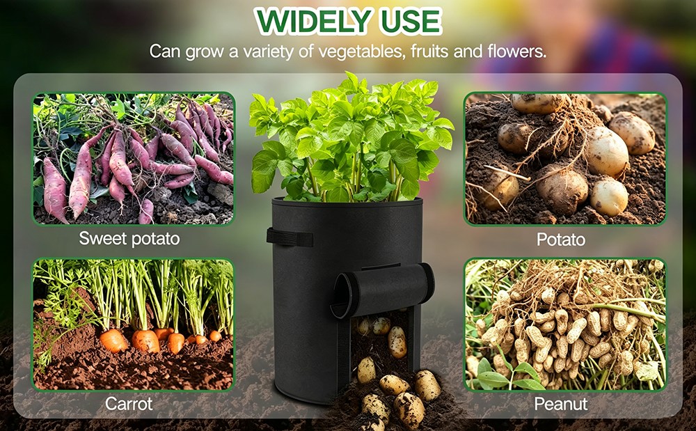 vertical grow bags shown across the crops they are used for