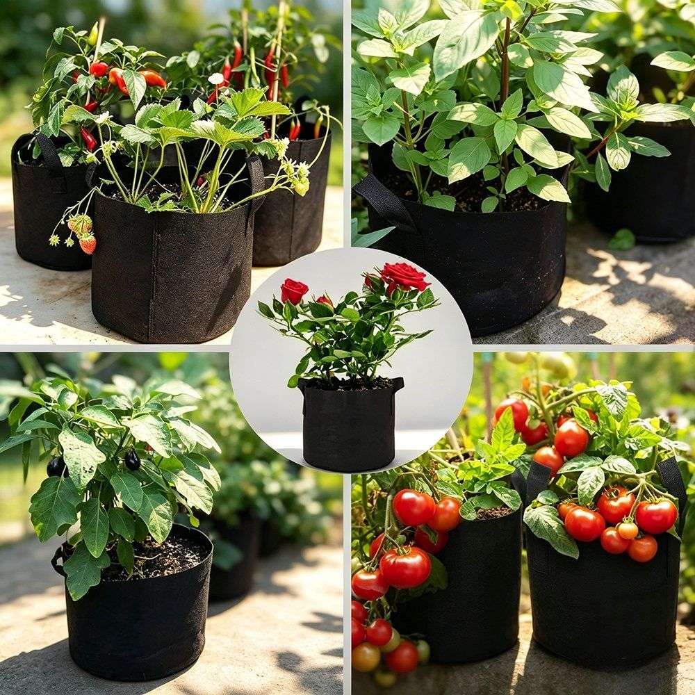 heavy duty grow bags shown across a set of vegetable and flower crops