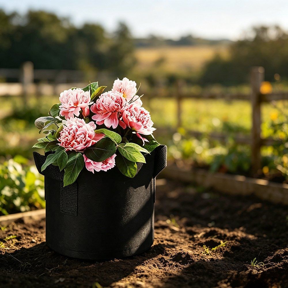 heavy duty black grow bag planted with peonies in a farm field