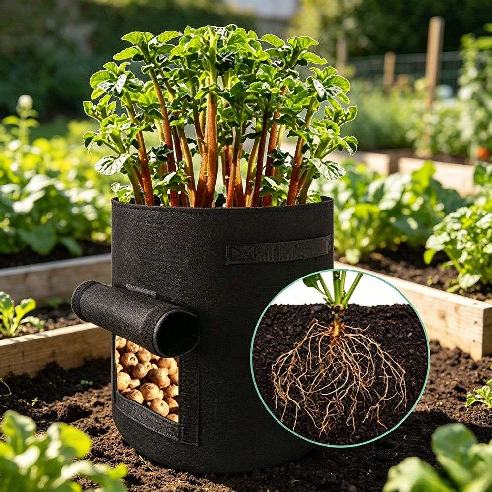 black vertical grow bag with root close-up showing fibrous root mass