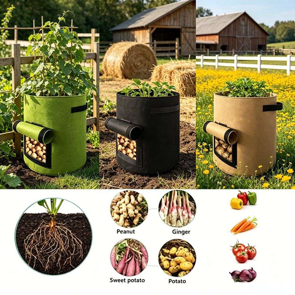 vertical grow bags with a tomato crop in front of farm buildings