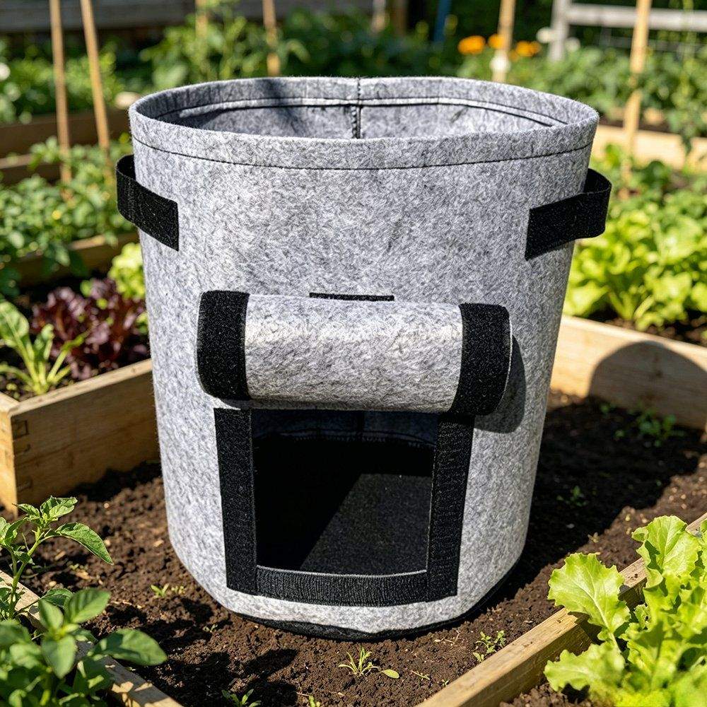 grey vertical grow bag with side window standing in a raised bed
