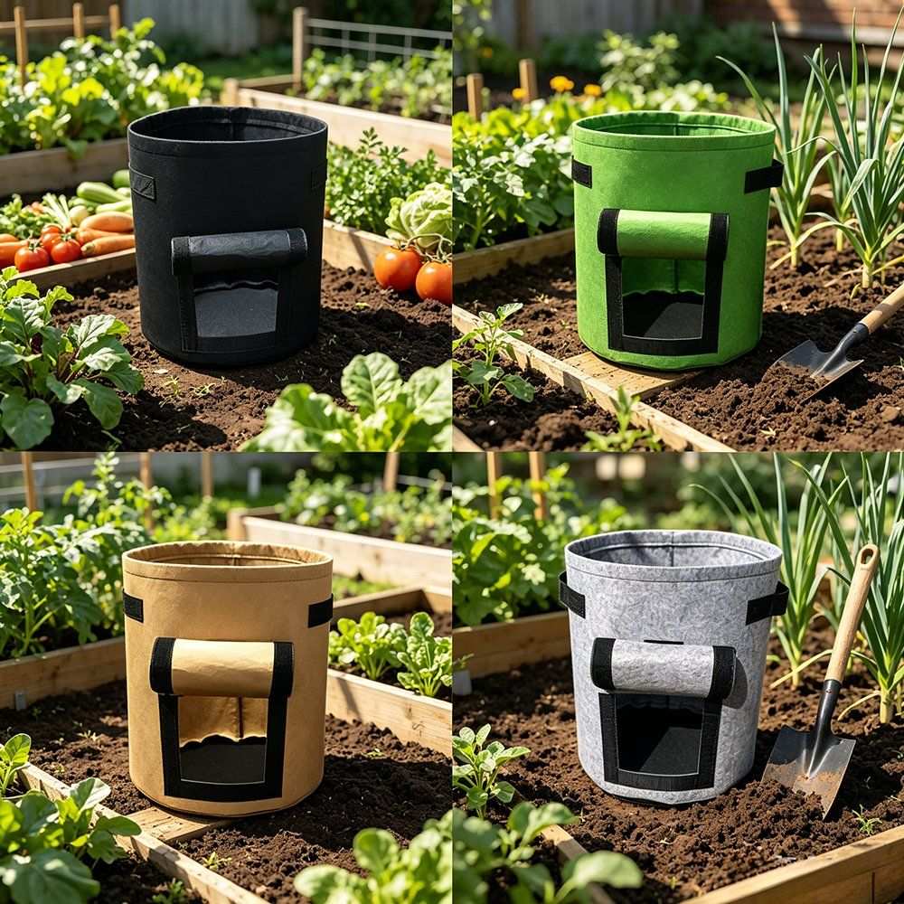 vertical grow bags shown across several garden and greenhouse settings