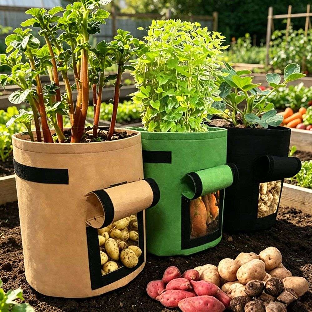 moisturizing vertical grow bags in three colours with potato harvest window
