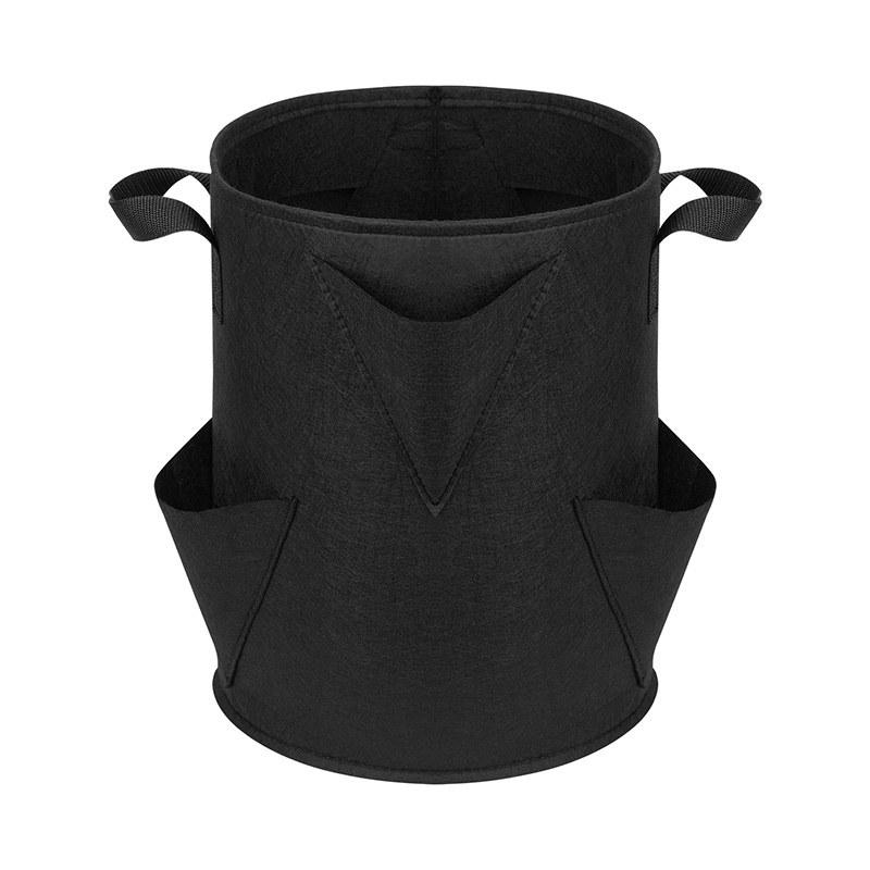 black needle punched grow bag with side pockets seen from the front