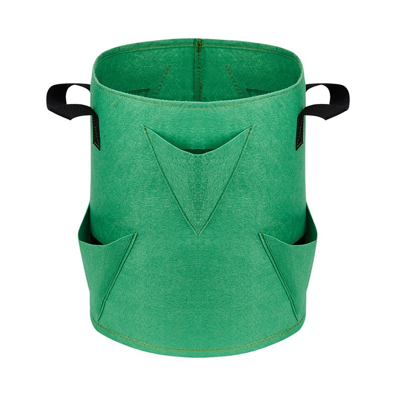green needle punched grow bag with side pocket and woven handle