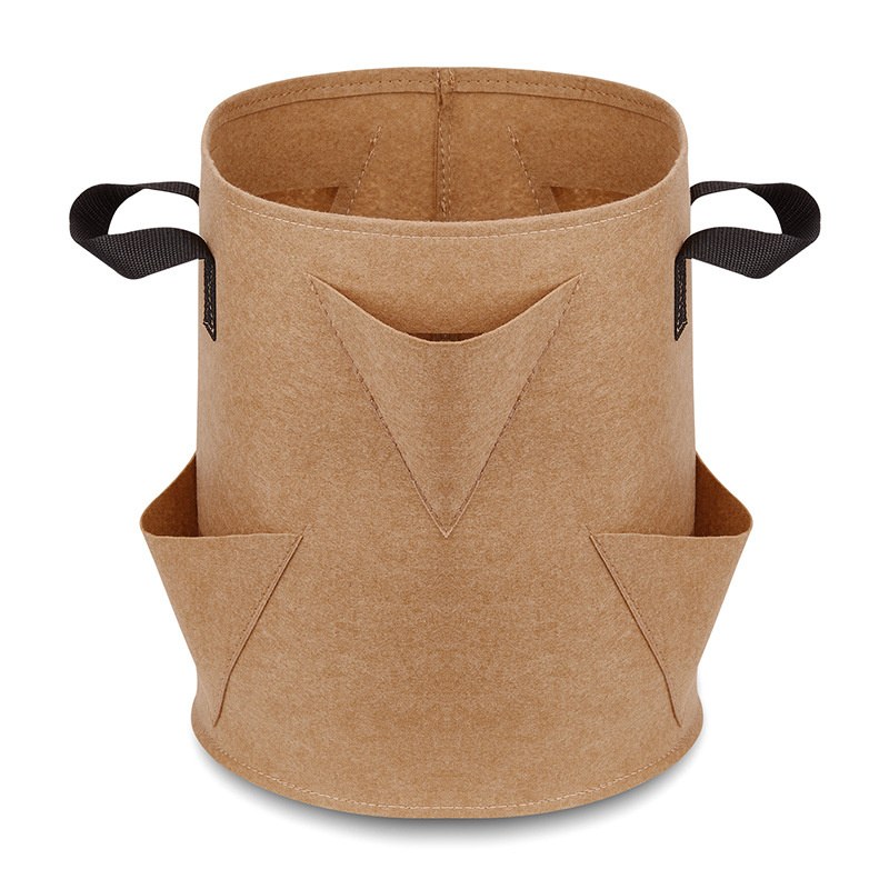 tan needle punched grow bag with side pockets and handles
