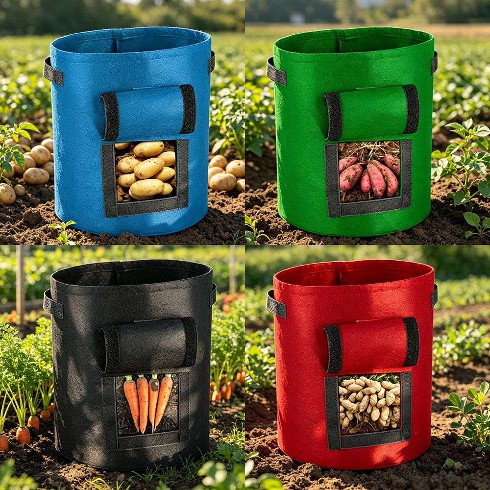 four colourways of nonwoven grow bags with side windows