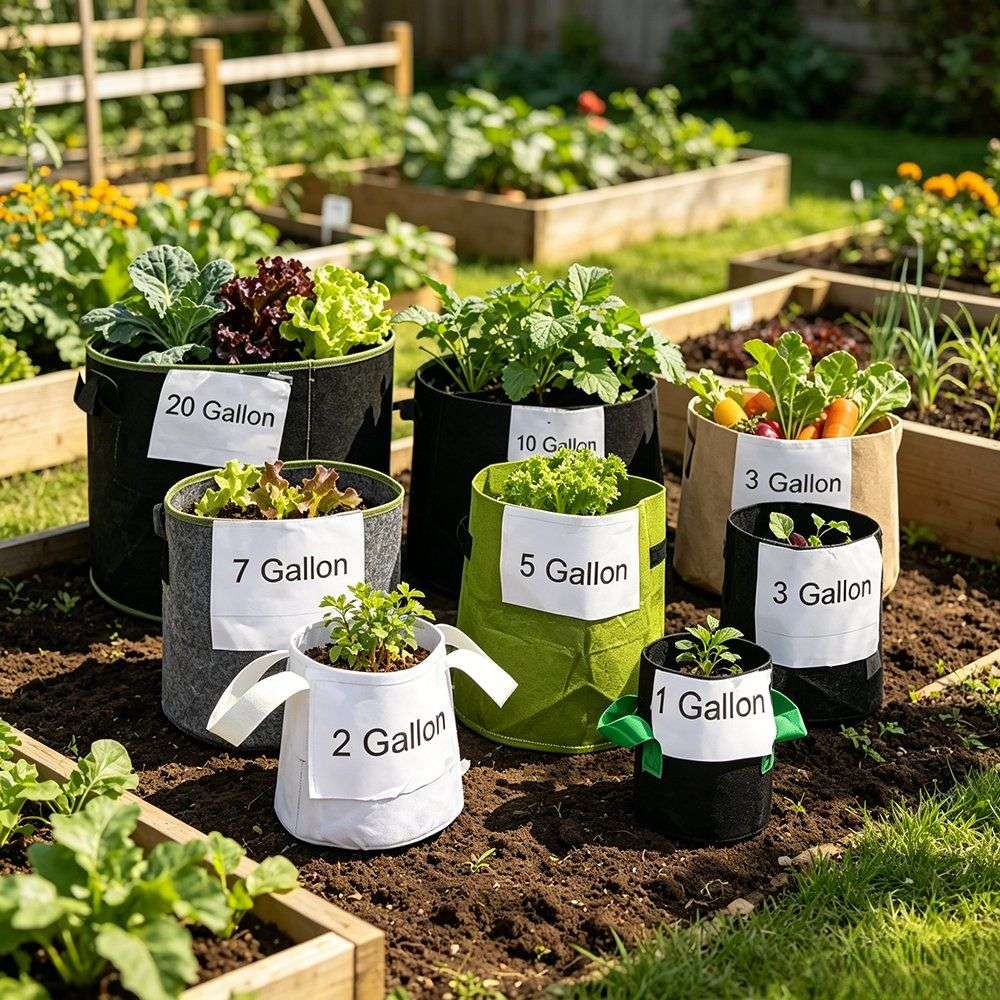 nonwoven grow bags shown across the gallon size range