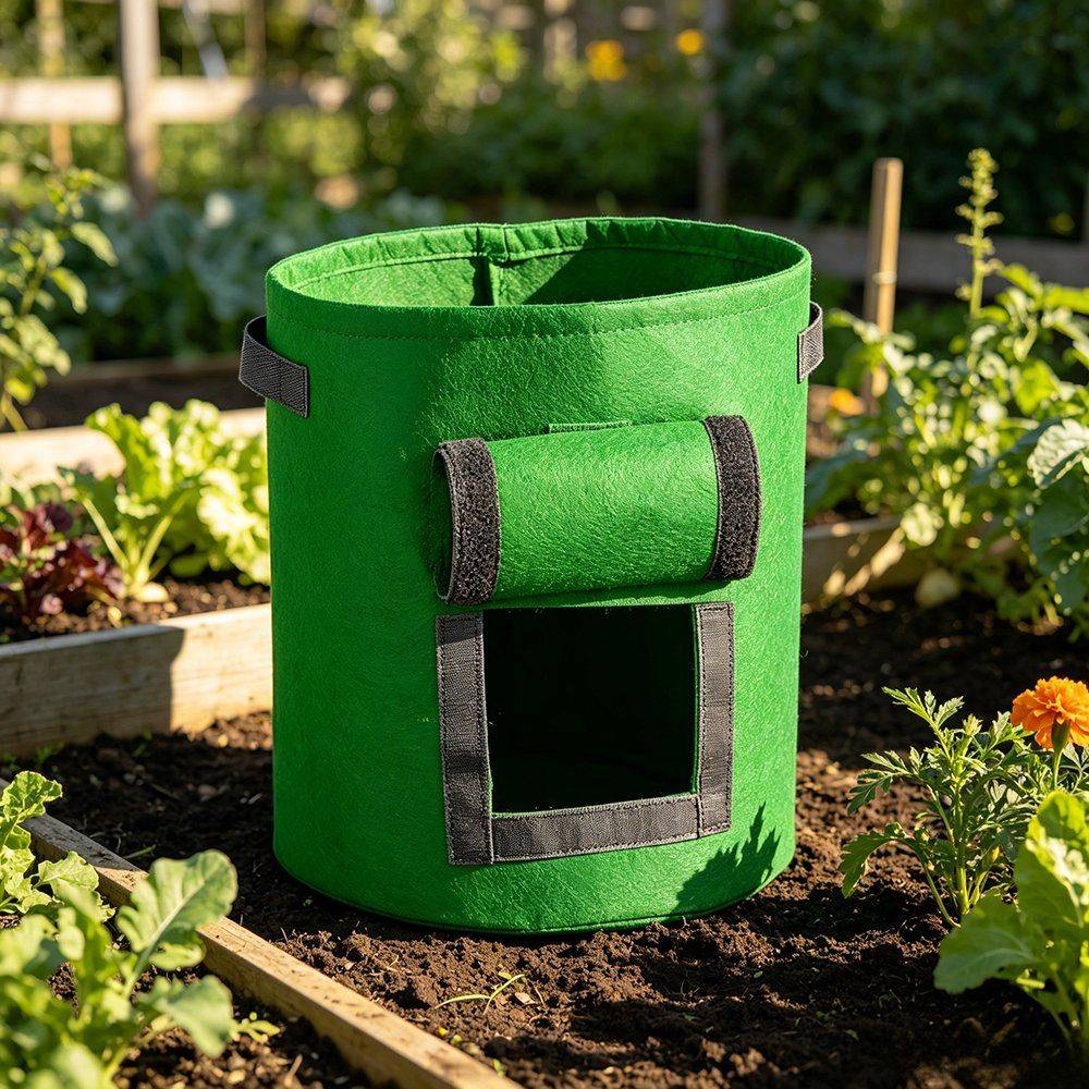 green nonwoven grow bag with a side window standing in a vegetable bed