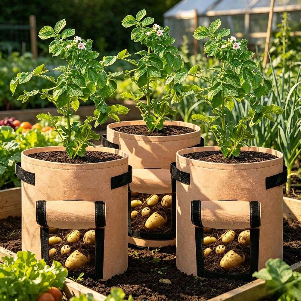 tan nonwoven grow bags filled with compost and potato plants