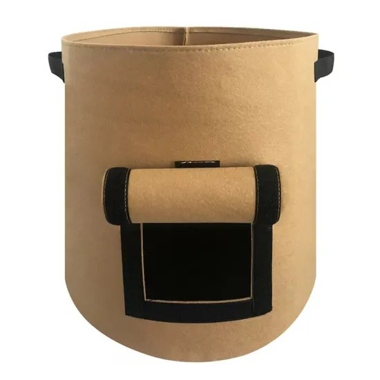 tan nonwoven potato grow bag with the front flap window lifted open