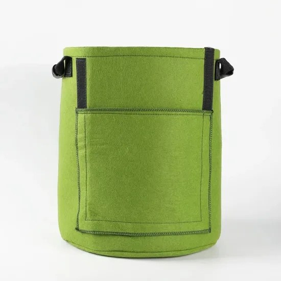 green nonwoven grow bag shown from the front with its outer pocket