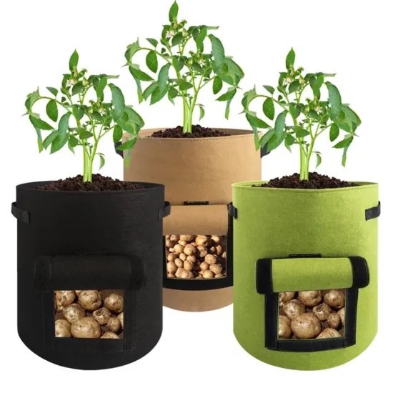 nonwoven potato grow bags in three colours with front windows showing tubers