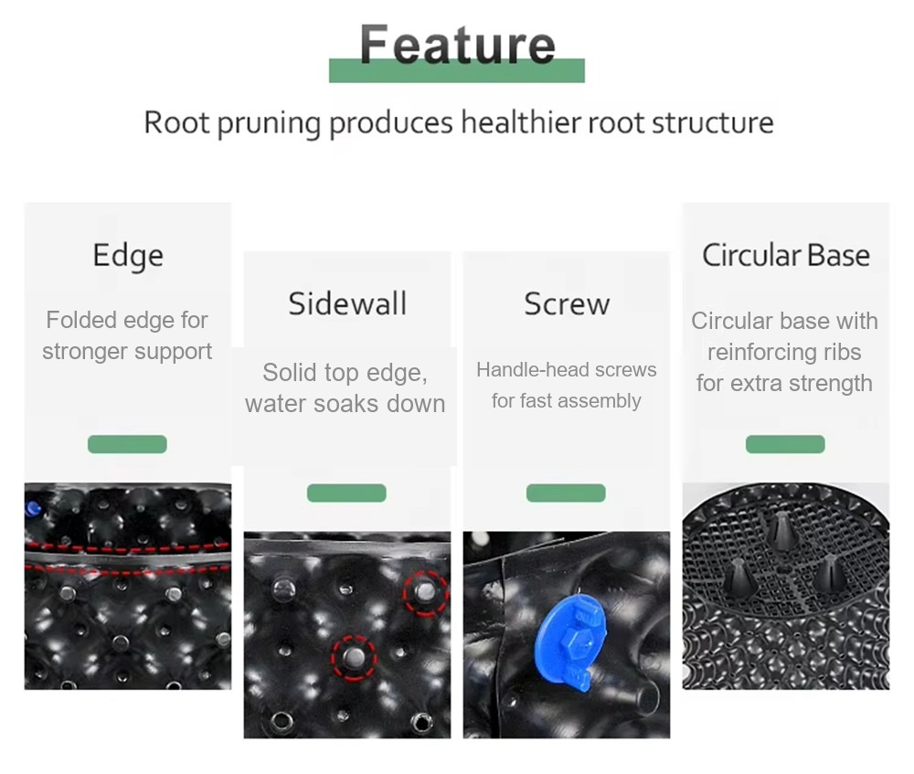 root pruning pot component details including wall, edge and base