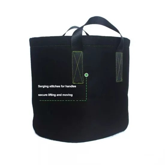 close-up of the reinforced handle stitching on a round felt grow bag