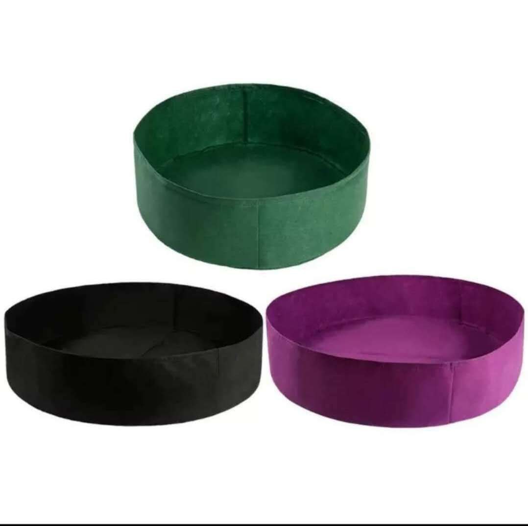 round felt garden beds shown empty in black green and purple