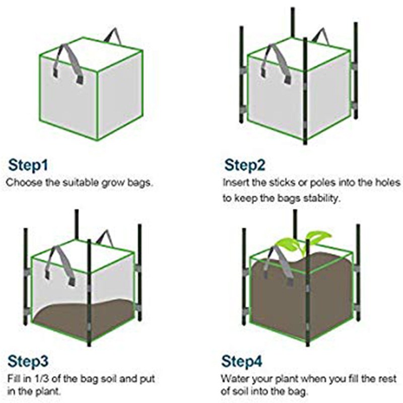 step by step setup diagram for a square grow bag with support poles