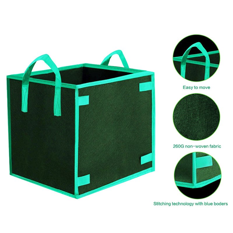 square grow pot detail callouts showing handle stitching and fabric weight
