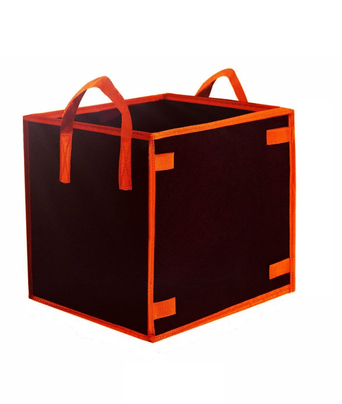square nonwoven grow pot with orange trim and handles