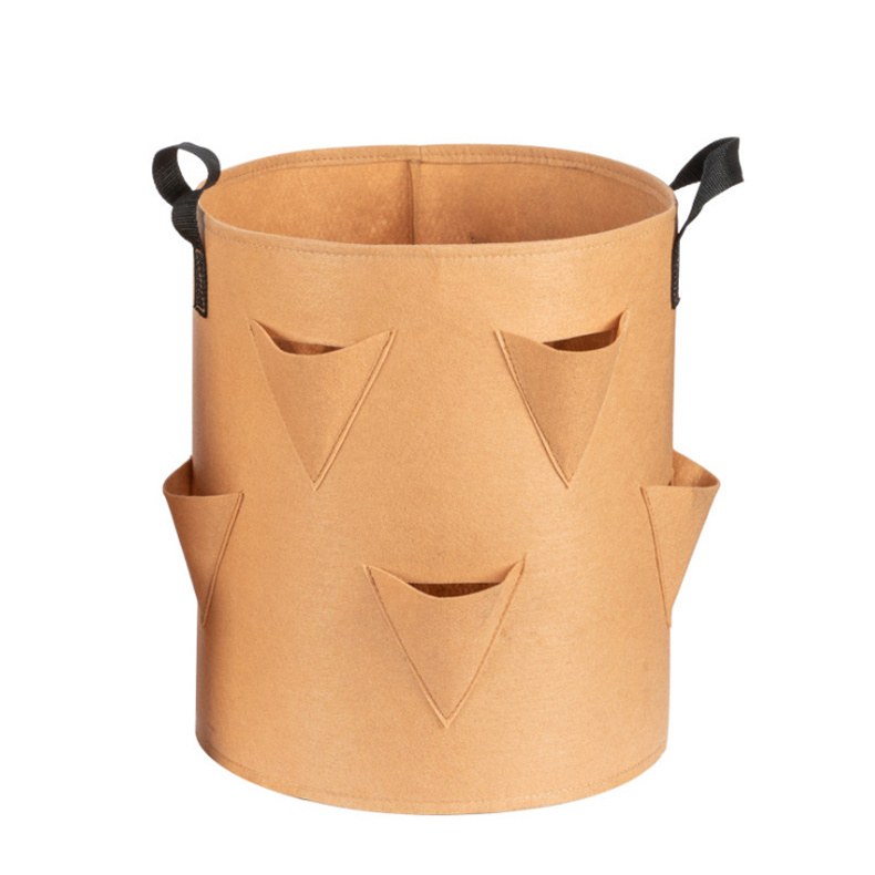 tan felt strawberry grow bag with side pockets and PP handles