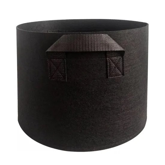black grow bag with a front pocket and cross-stitched handle anchor