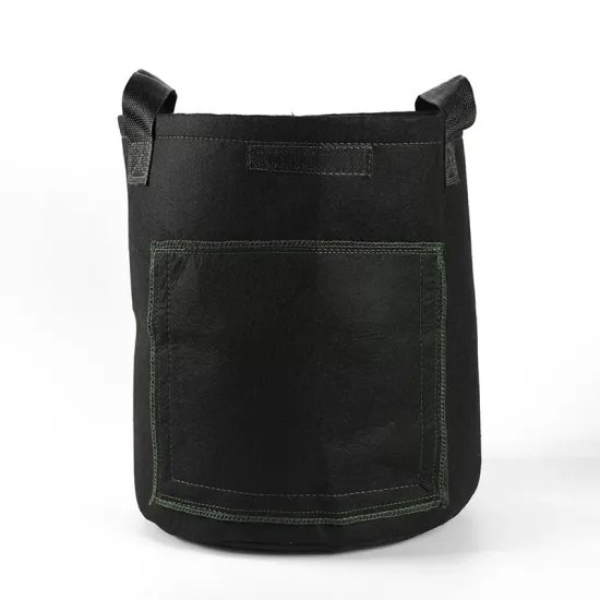 black grow bag with green bound edging and a front pocket