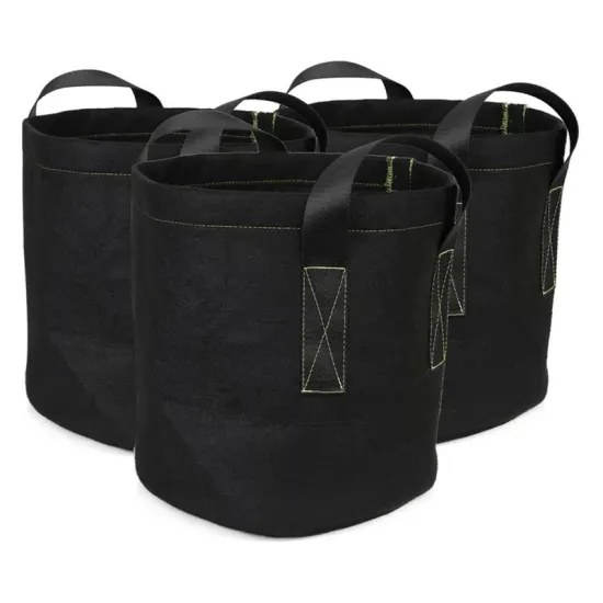 set of black nonwoven grow bags with webbing handles and reinforced stitching