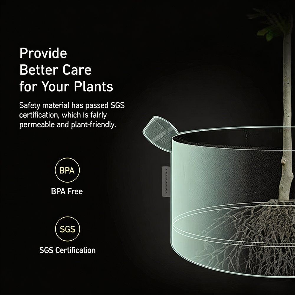 grow bag certification callouts showing BPA free and SGS certification marks