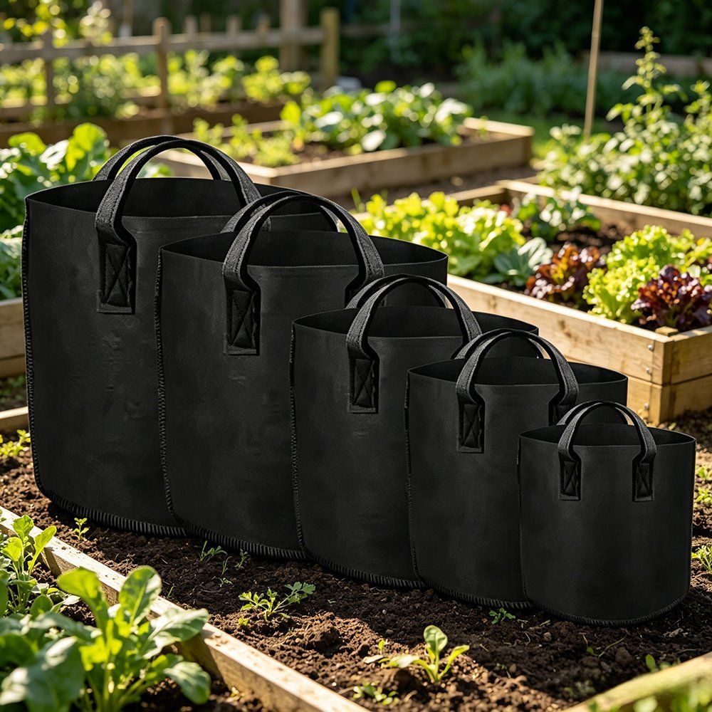 black nonwoven grow bags in a ladder of sizes beside a raised bed