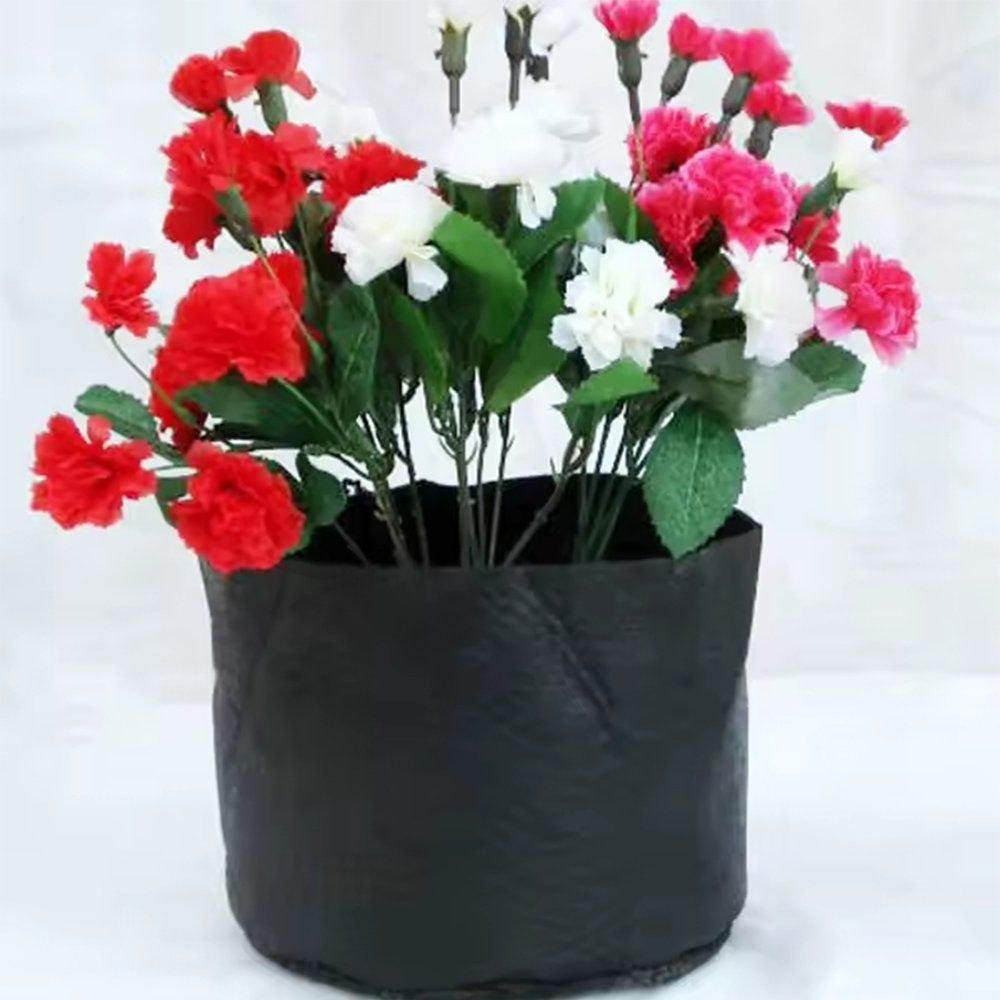 thick black nonwoven grow bag holding a full display of flowering plants