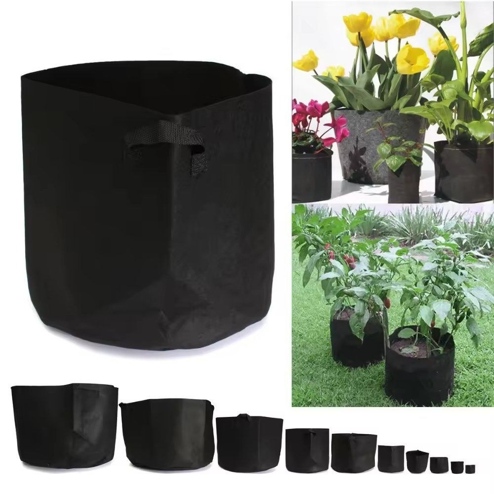 set of thickened nonwoven grow bags in a range of sizes with plants