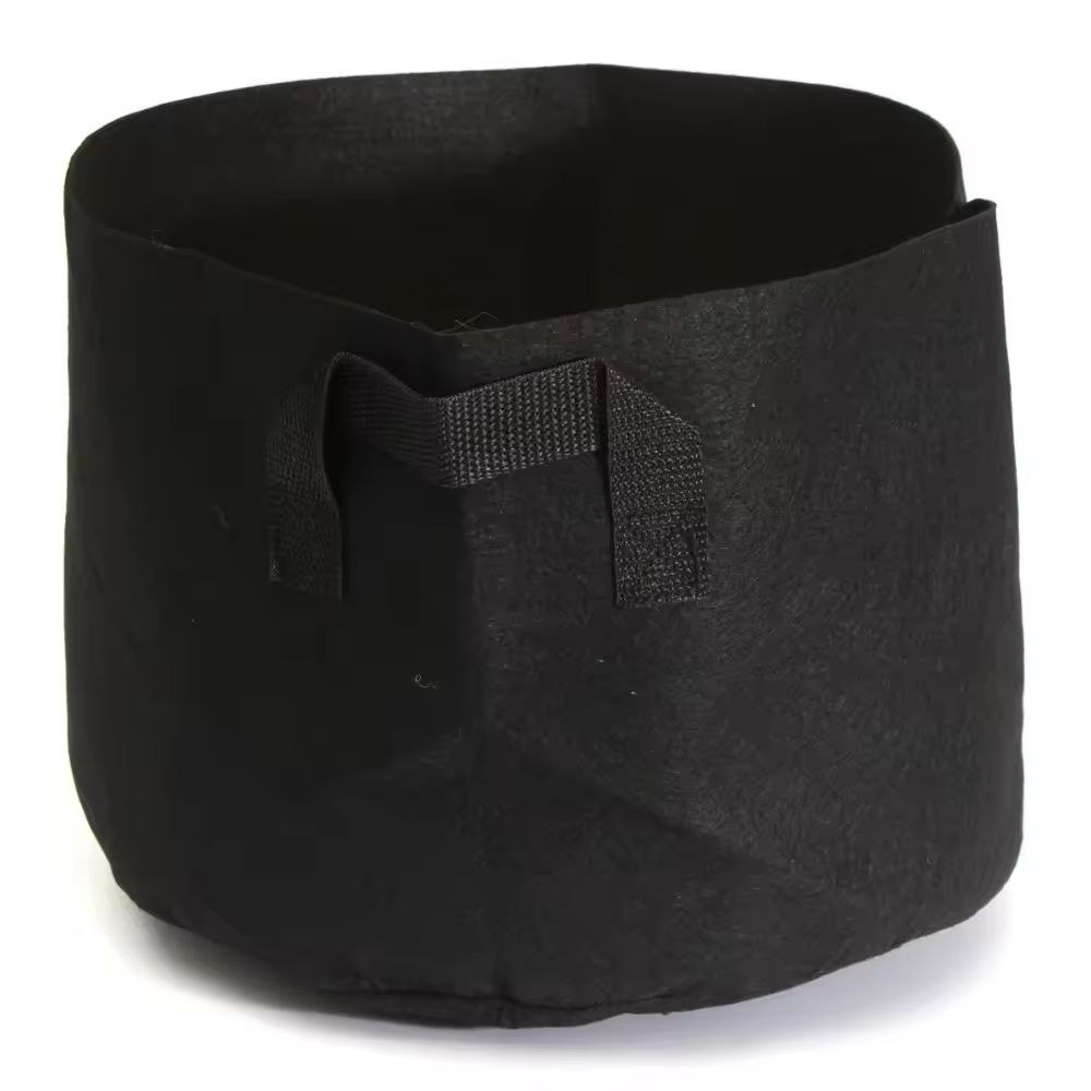 thick black nonwoven grow bag seen from above with handles
